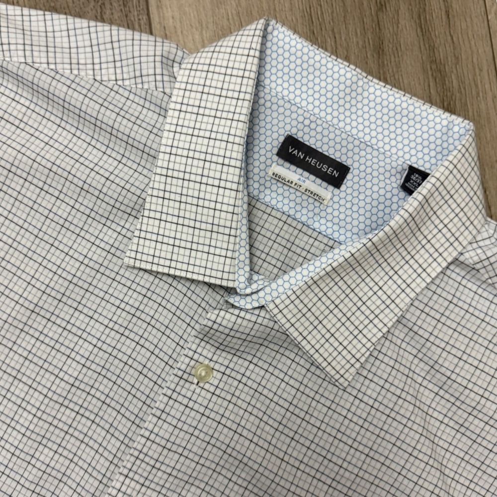 Van Heusen Dress Shirt Mens XXL 18.5 36/37 White Plaid Air Regular Fit Stretch